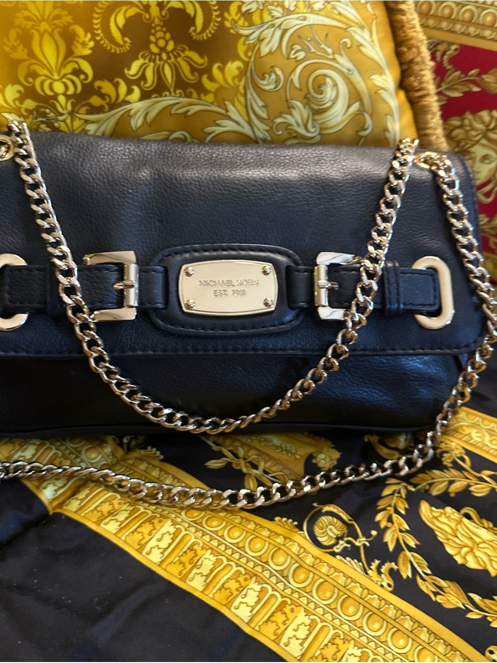 Michael Kors Black Leather Hamilton Flap Shoulder Bag with Gold Chain Hardware